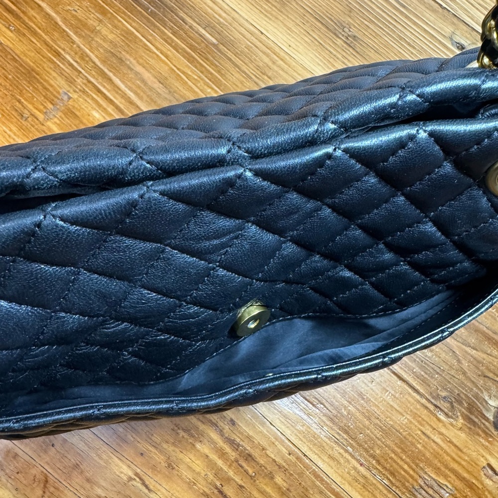 Tiffany & Fred Paris Full-Grain Quilted Sheepskin Black Leather Tote Gold accent - Picture 11 of 15